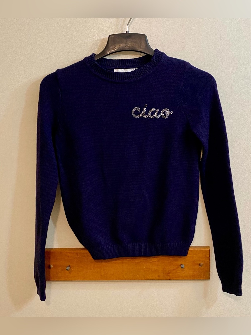 Hyacinth House Tuckernuck Navy Blue Ciao Beaded Crewneck Sweater XXS Embroidered